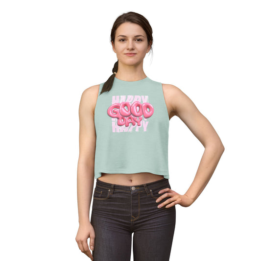 Happy Good Day Crop Top — Pink Balloon Text Graphic