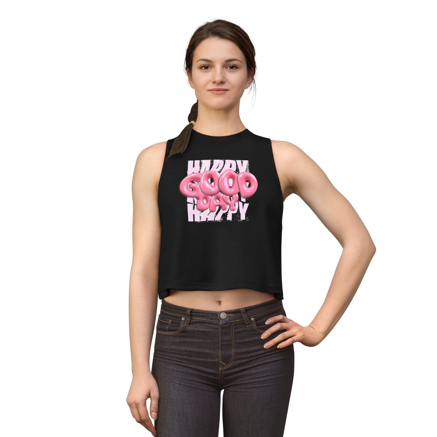 Happy Good Day Crop Top — Pink Balloon Text Graphic