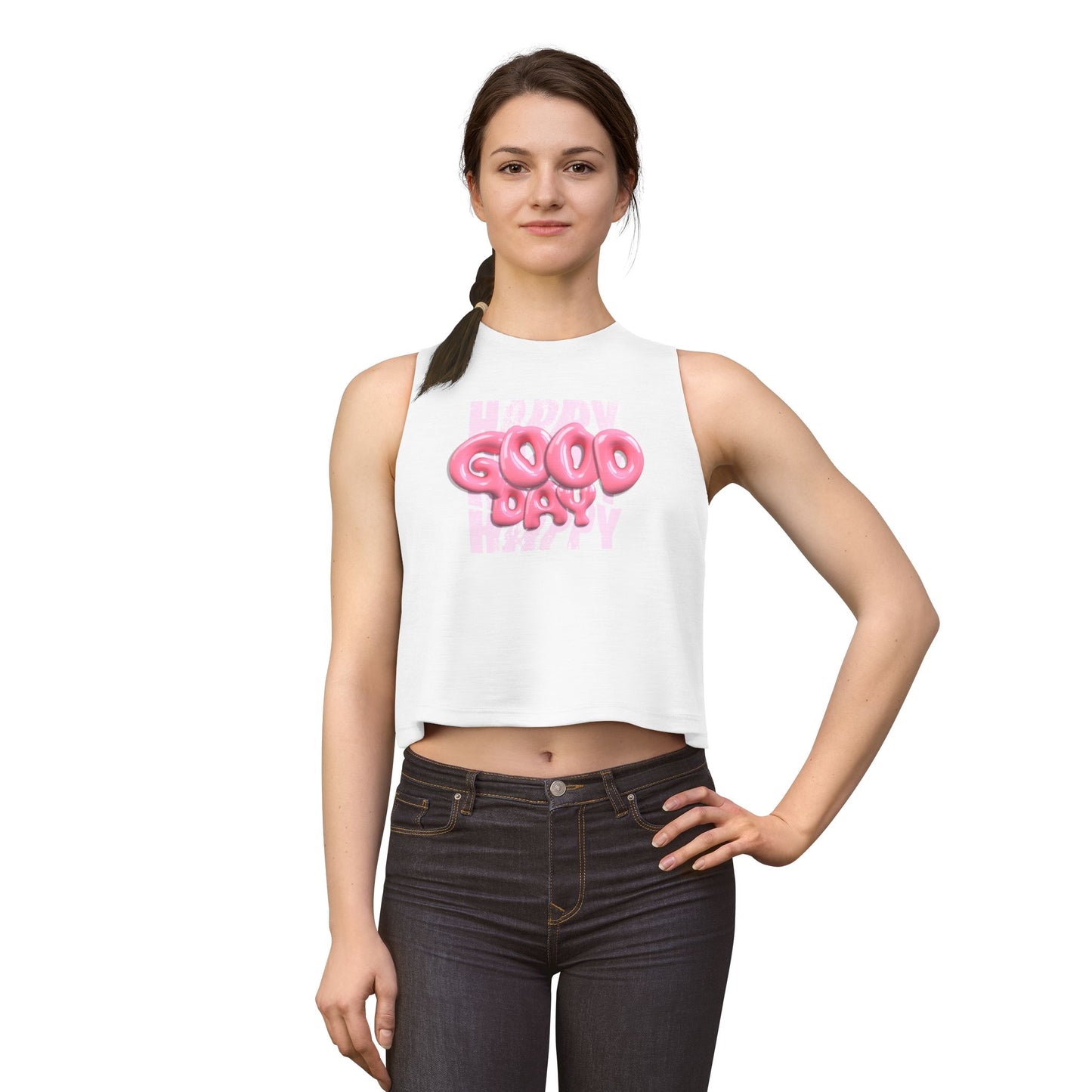 Happy Good Day Crop Top — Pink Balloon Text Graphic