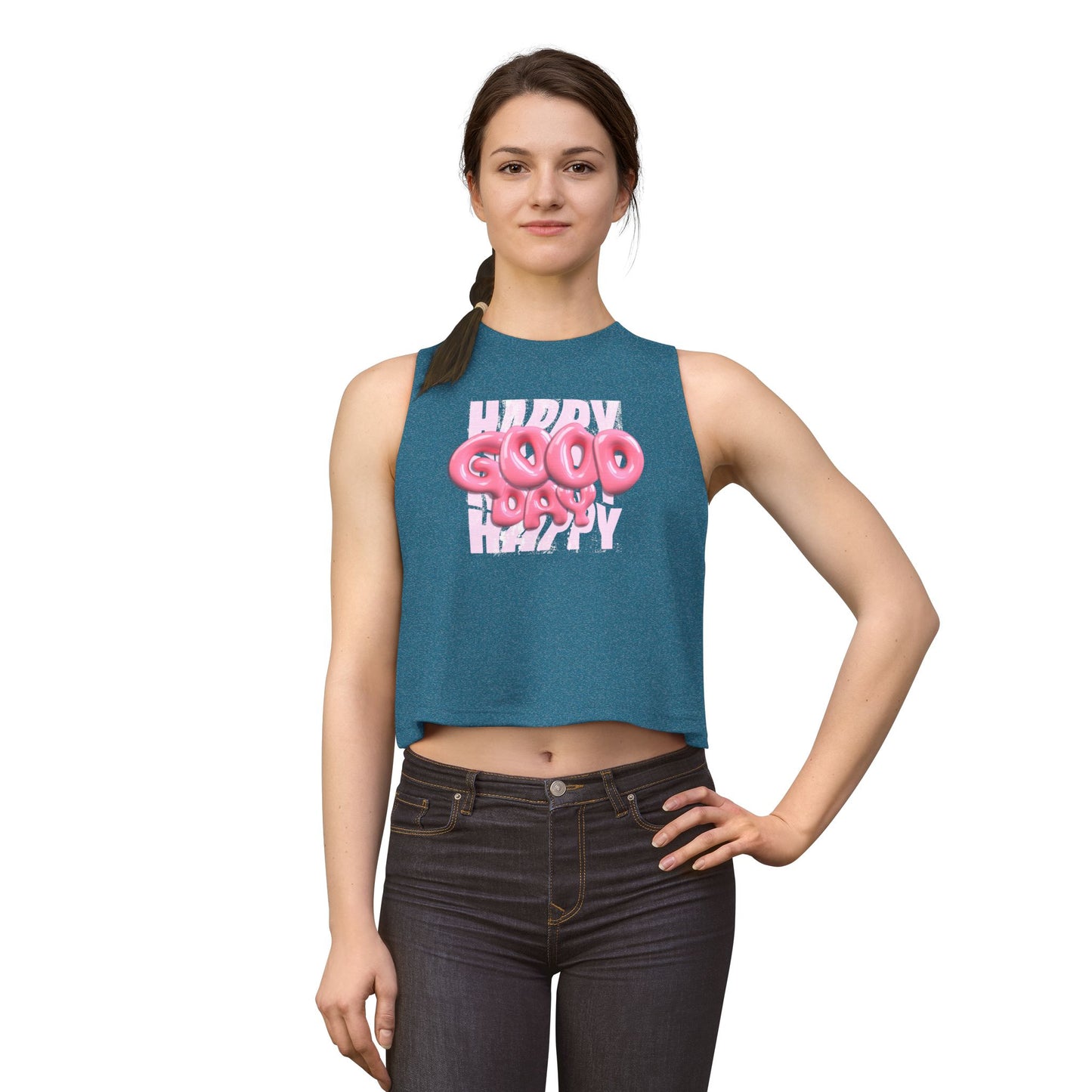 Happy Good Day Crop Top — Pink Balloon Text Graphic