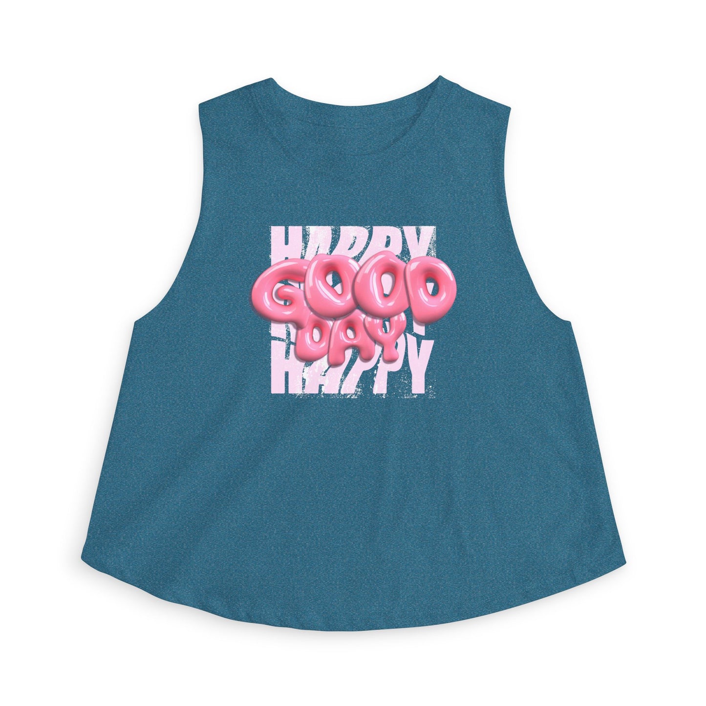 Happy Good Day Crop Top — Pink Balloon Text Graphic