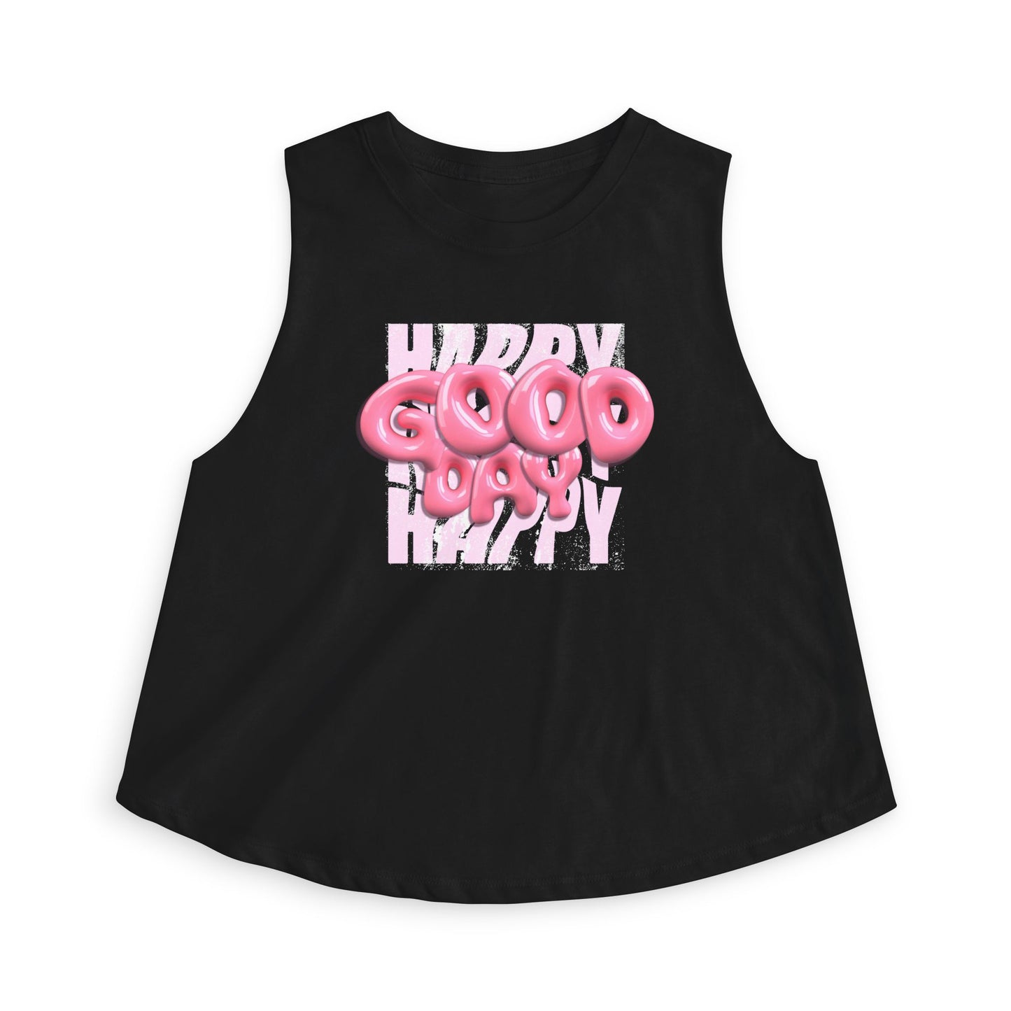 Happy Good Day Crop Top — Pink Balloon Text Graphic