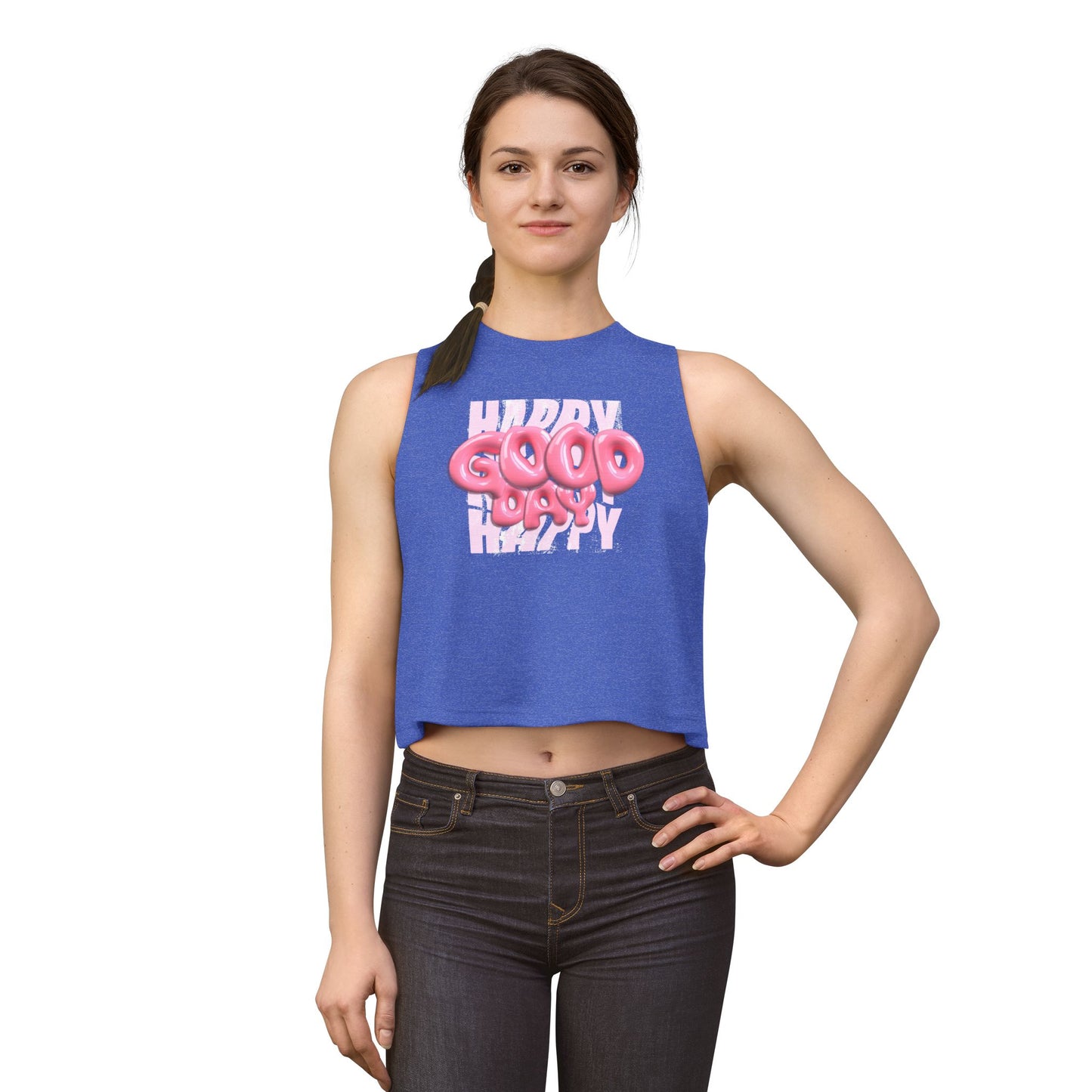 Happy Good Day Crop Top — Pink Balloon Text Graphic