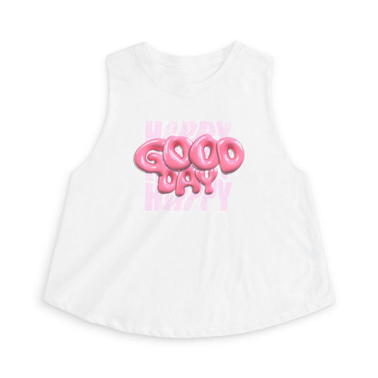 Happy Good Day Crop Top — Pink Balloon Text Graphic