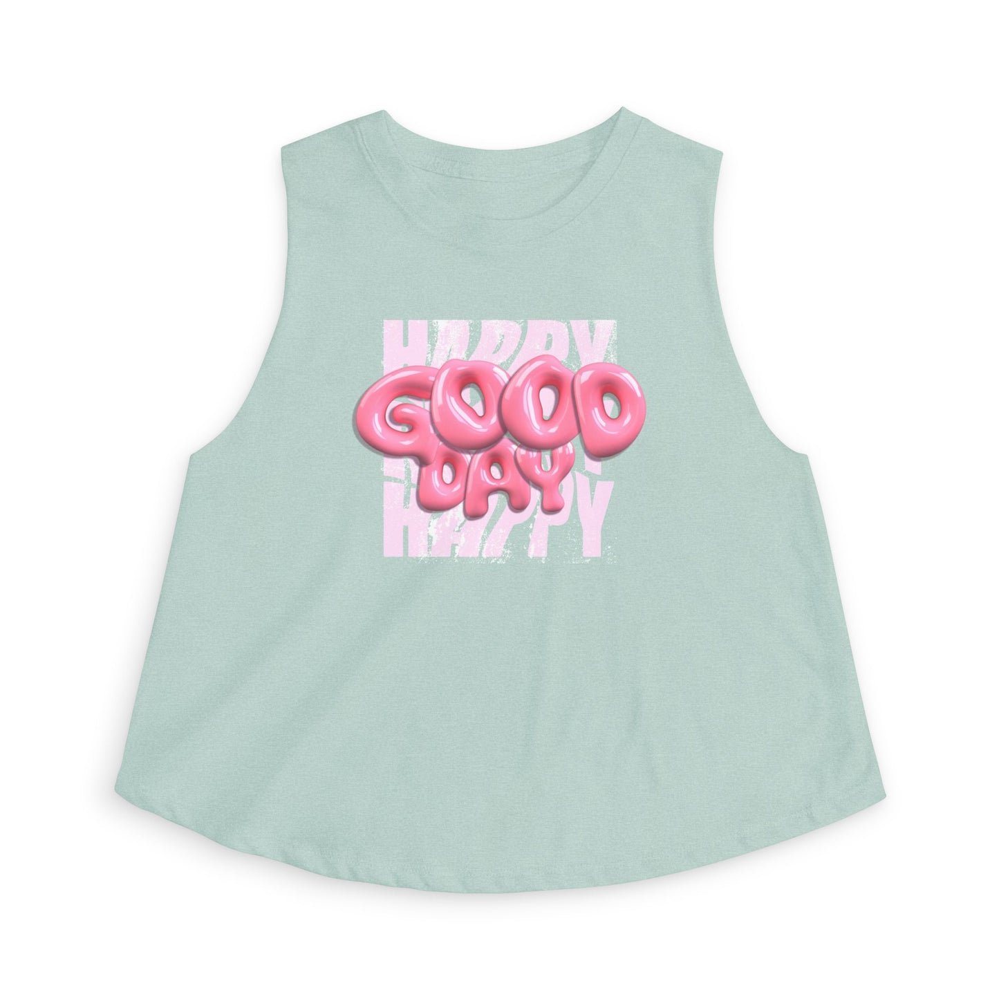 Happy Good Day Crop Top — Pink Balloon Text Graphic